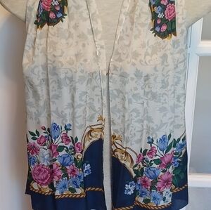 Floral Oblong Scarf - 100% Silk - Japan - Blue & Pink Flowers 52"x11"